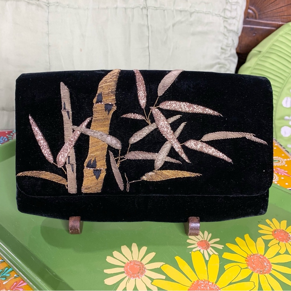 Bamboo Embroidered Velvet Clutch